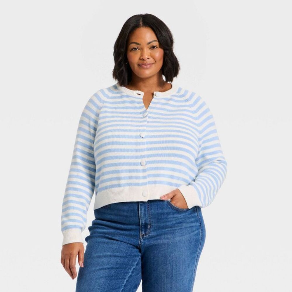 Women's Crewneck Cotton Cardigan - Universal Thread Blue Striped XXL